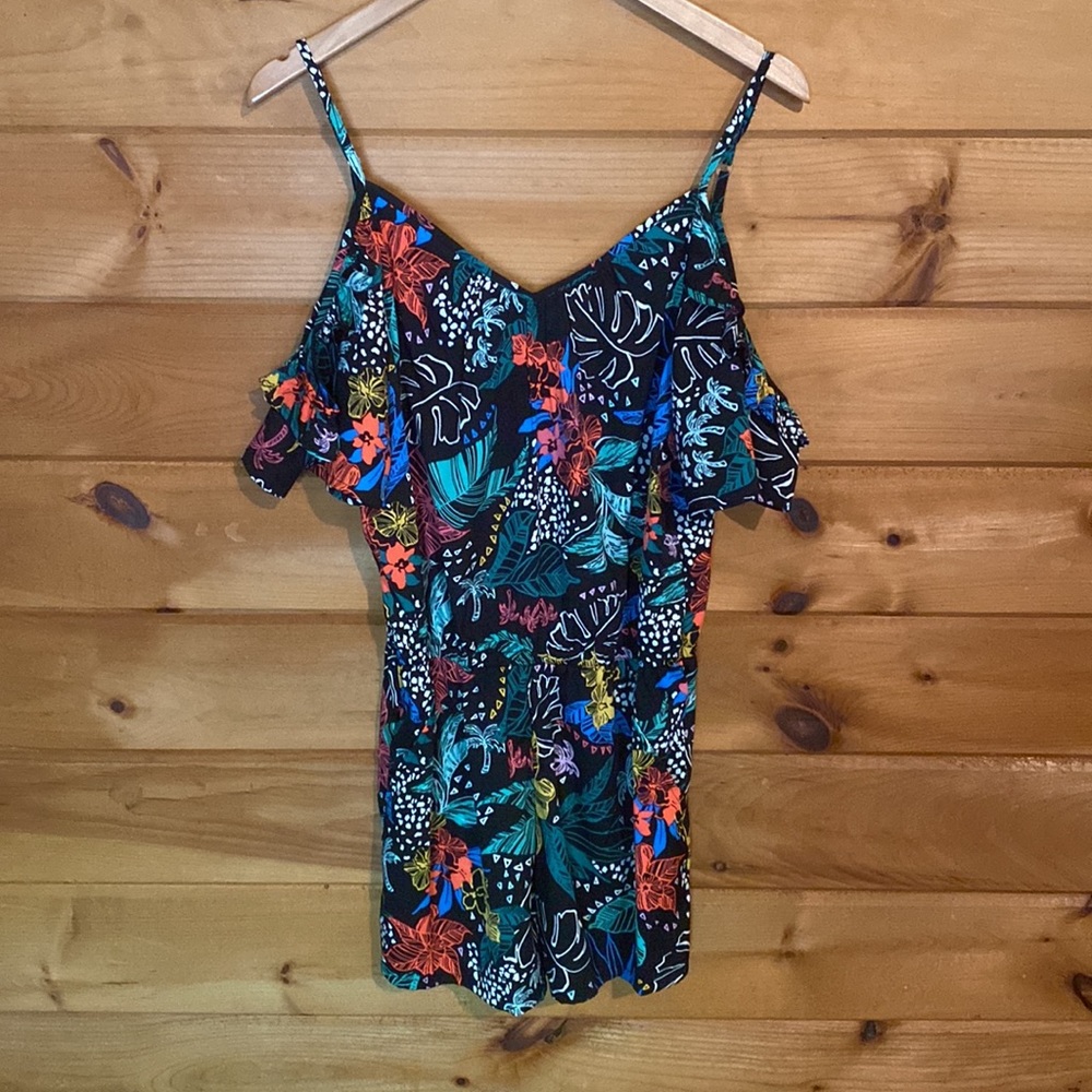Black floral tropical cold shoulder romper